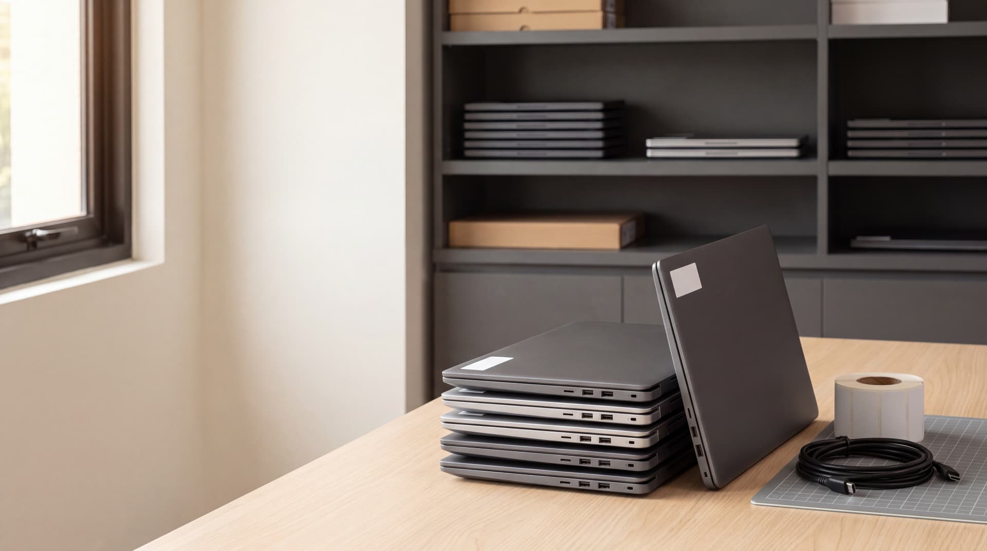 Staging area with stacked rental laptops and asset-tag stickers on a workbench